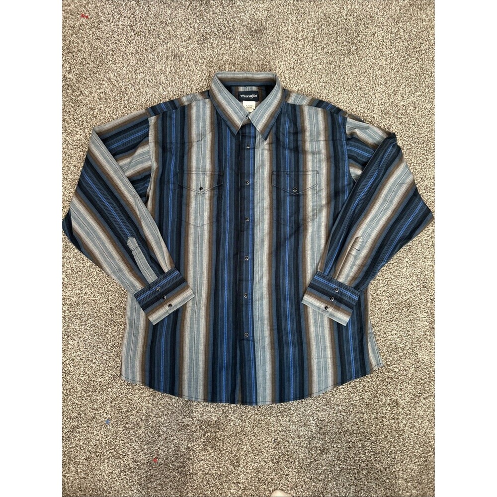 VINTAGE Wrangler Shirt Mens XL Blue Western Long Sleeve Pearl Snap Cowboy
